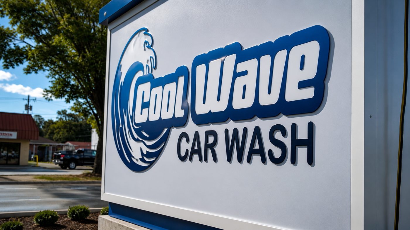 Cool Wave Car Wash sign detail at the Indian River location.