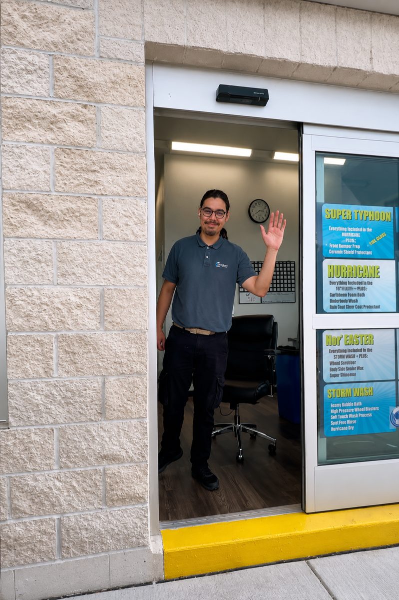 Friendly Cool Wave Indian River team member waving from the front office doorway.
