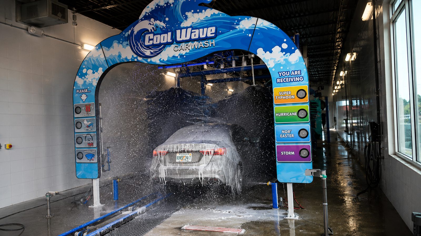 Vehicle moving through the Cool Wave Indian River wash tunnel with foam and water in action.